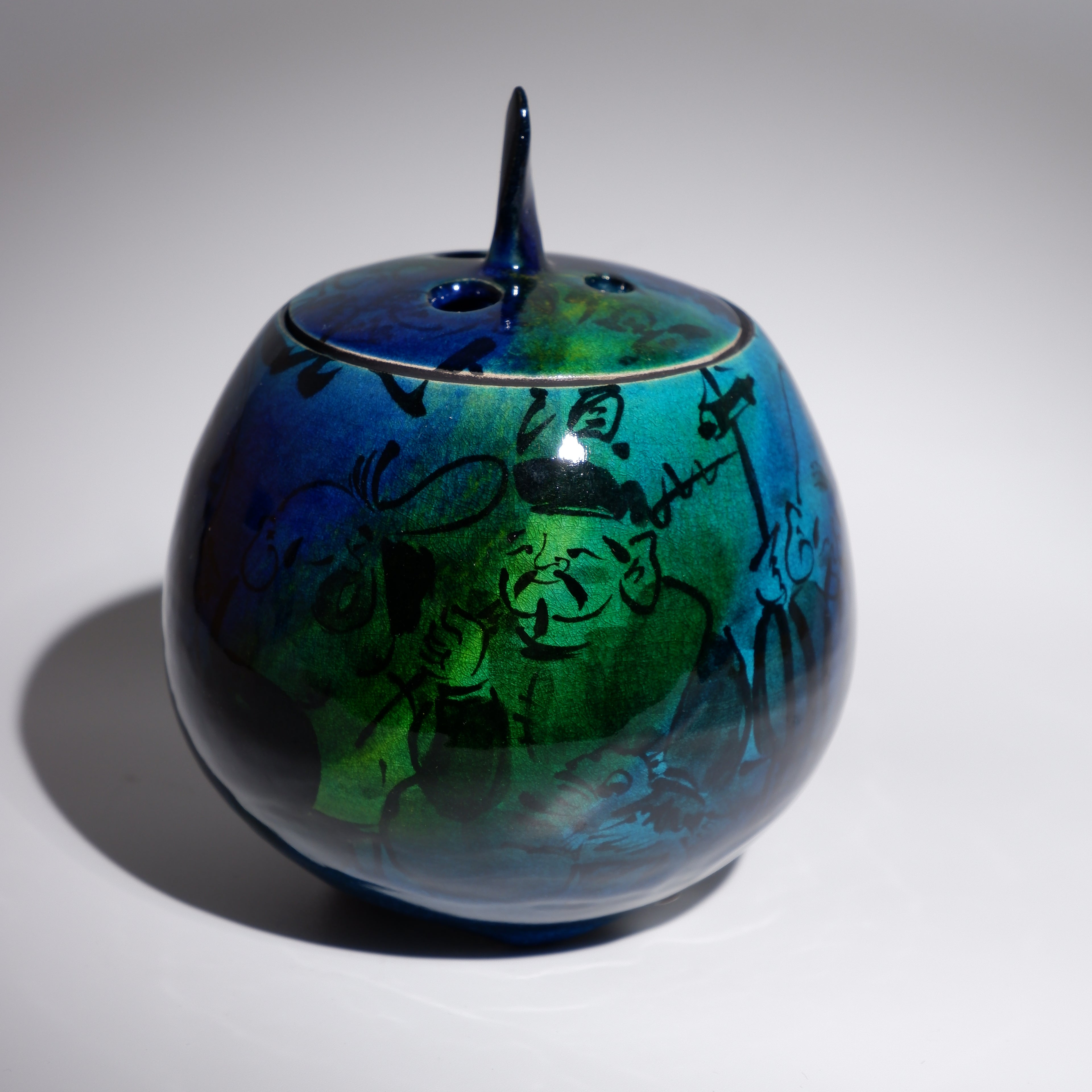 Incense Burner By Kato Takehiro — Kyosansai (Kyoto Tri-color) Landscape with Four Gods Design