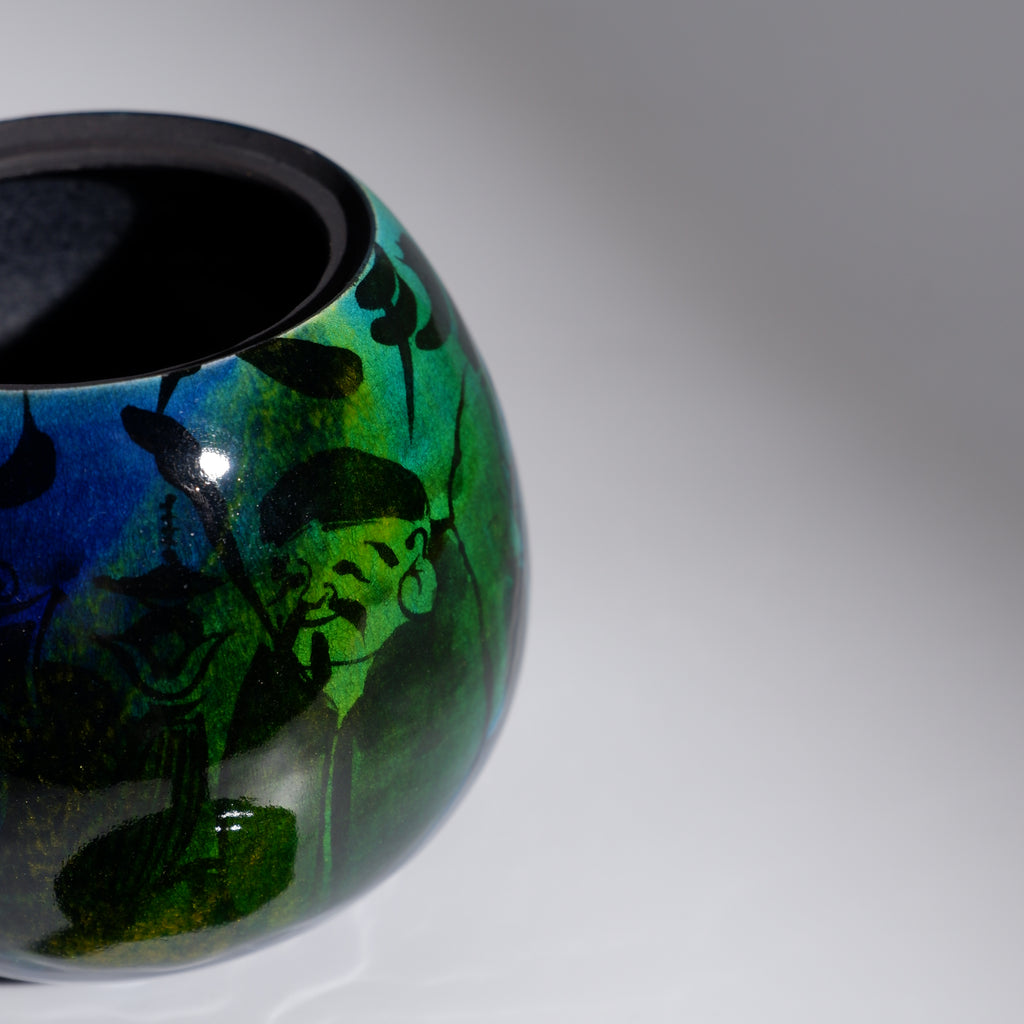 Incense Burner By Kato Takehiro — Kyosansai (Kyoto Tri-color) Landscape with Four Gods Design